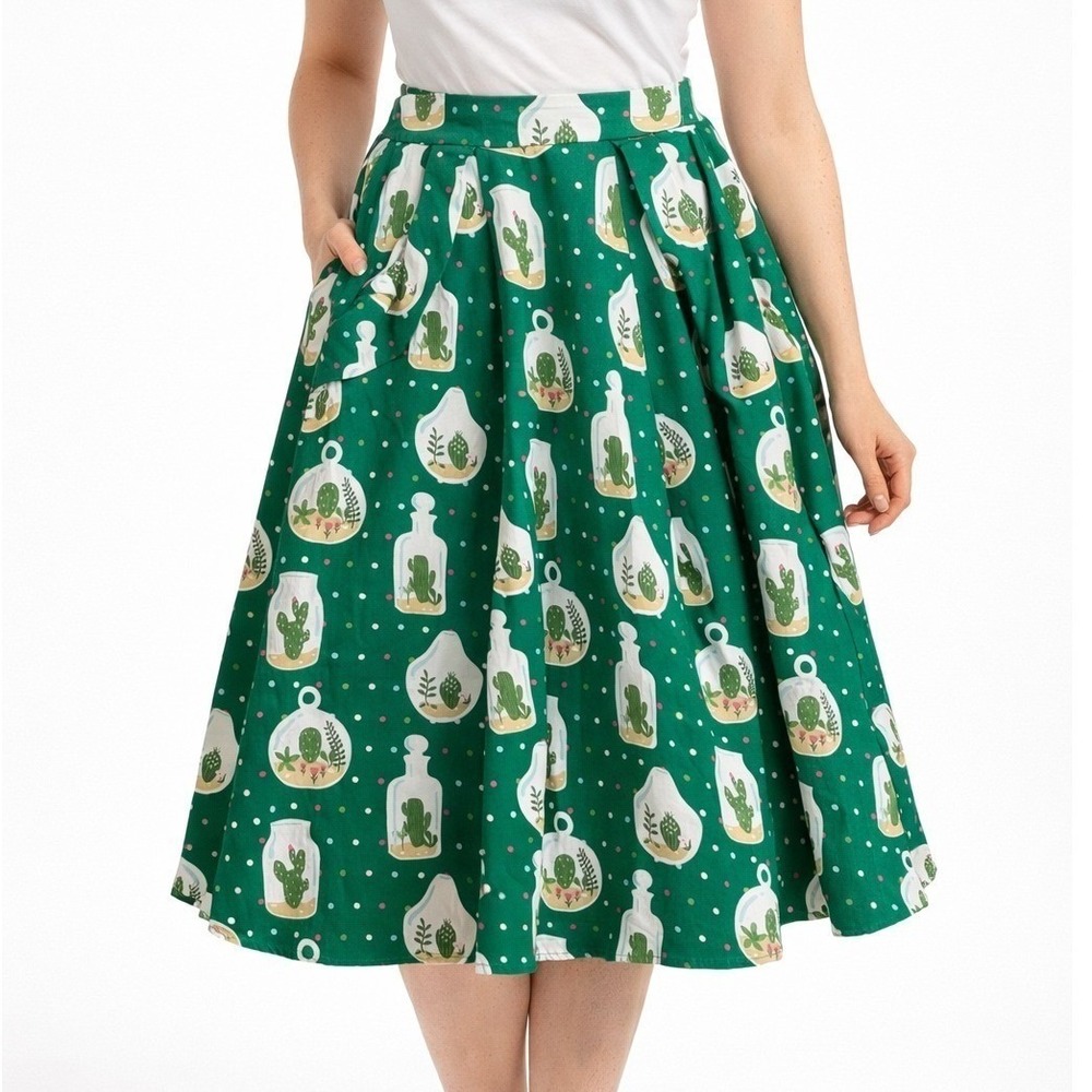 Collectif x ModCloth Skirt Womens XS Green Cactus Terrarium Polka Dot Midi Skirt